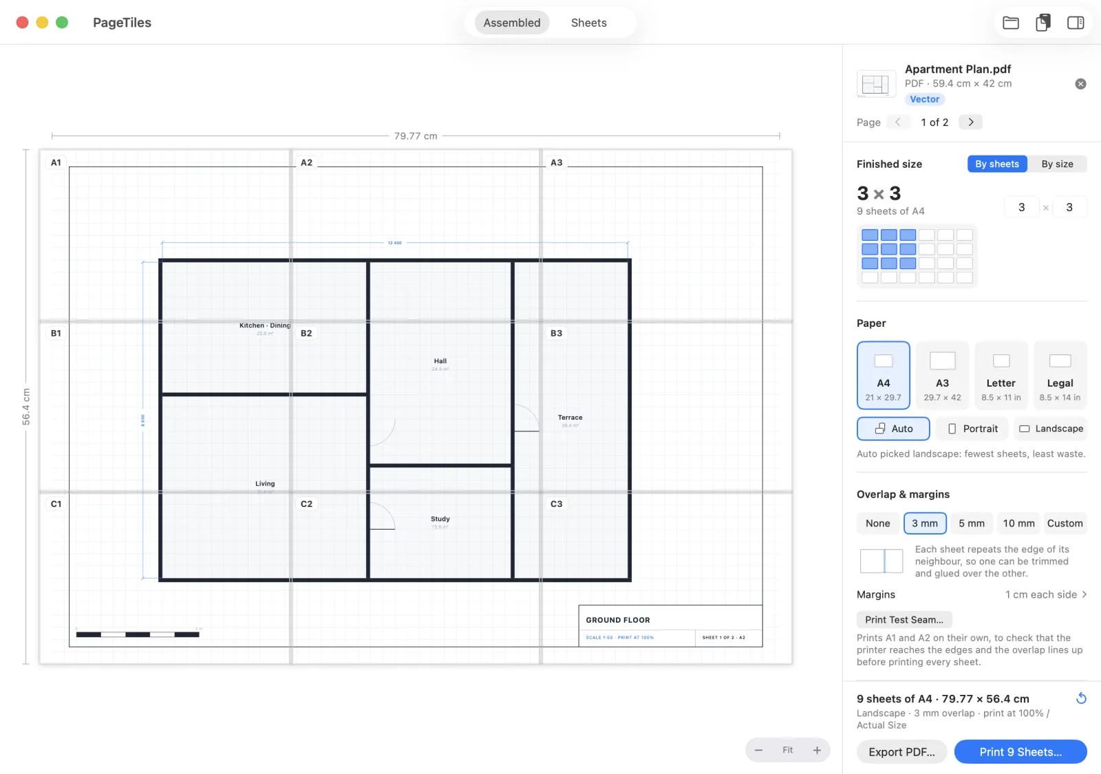 An apartment floor plan PDF open in Page Tiles, 59.4 by 42 cm, marked Vector, page 1 of 2, split over 9 sheets of A4.